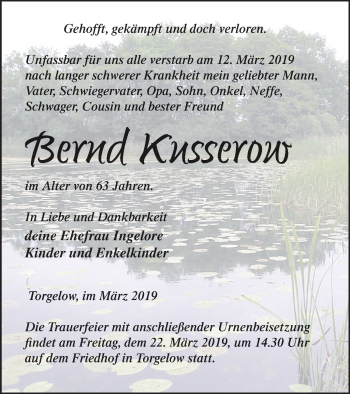 Traueranzeige von Bernd Kusserow von Haff-Zeitung