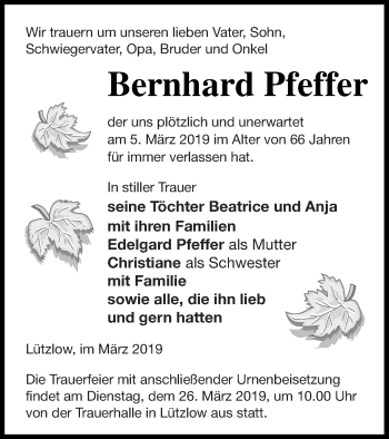 Traueranzeige von Bernhard Pfeffer von Prenzlauer Zeitung