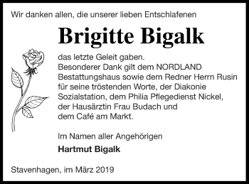 Traueranzeige von Brigitte Bigalk von Mecklenburger Schweiz