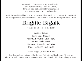 Traueranzeige von Brigitte Bigalk von Mecklenburger Schweiz