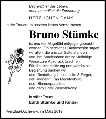 Traueranzeige von Bruno Stümke von Vorpommern Kurier