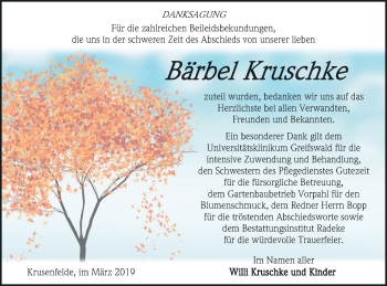 Traueranzeige von Bärbel Kruschke von Vorpommern Kurier