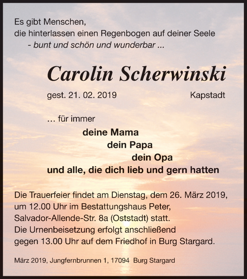  Traueranzeige für Carolin Scherwinski vom 19.03.2019 aus Neubrandenburger Zeitung