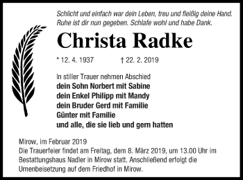 Traueranzeige von Christa Radke von Strelitzer Zeitung