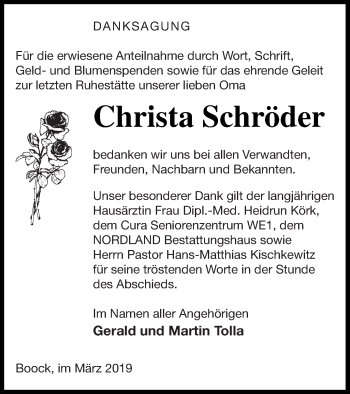 Traueranzeige von Christa Schröder von Pasewalker Zeitung