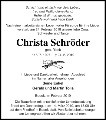 Traueranzeige von Christa Schröder von Pasewalker Zeitung