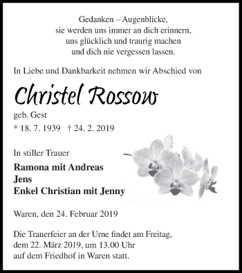 Traueranzeige von Christel Rossow von Müritz-Zeitung