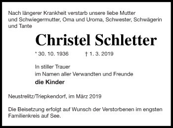 Traueranzeige von Christel Schletter von Strelitzer Zeitung