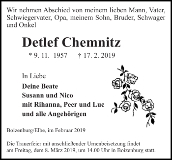 Traueranzeige von Detlef Chemnitz von Hagenower Kreisblatt