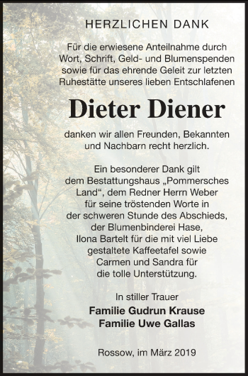 Traueranzeige von Dieter Diener von Pasewalker Zeitung