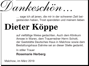 Traueranzeige von Dieter Köppe von Müritz-Zeitung