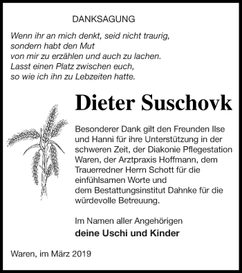 Traueranzeige von Dieter Suschovk von Müritz-Zeitung