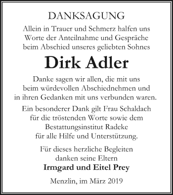 Traueranzeige von Dirk Adler von Vorpommern Kurier