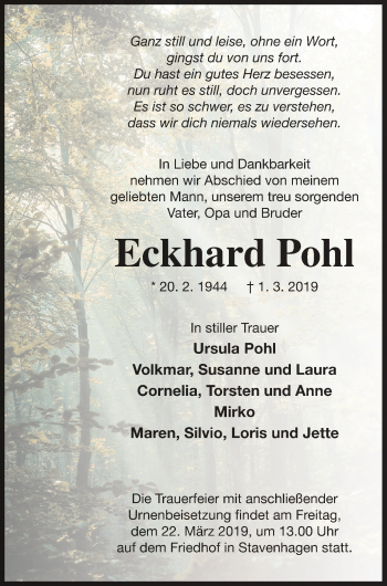 Traueranzeige von Eckhard Pohl von Mecklenburger Schweiz