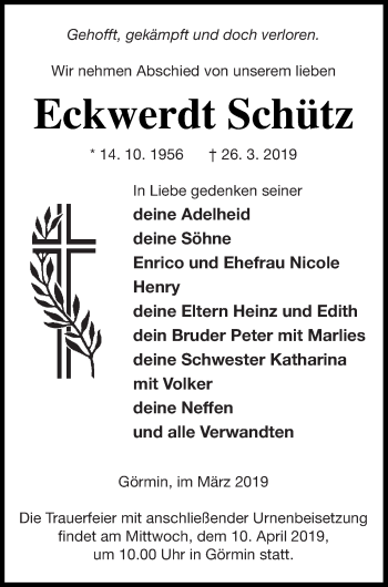 Traueranzeige von Eckwerdt Schütz von Vorpommern Kurier