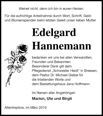 Traueranzeige von Edelgard Hannemann von Neubrandenburger Zeitung