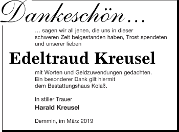 Traueranzeige von Edeltraud Kreusel von Demminer Zeitung