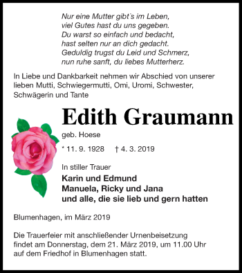 Traueranzeige von Edith Graumann von Pasewalker Zeitung