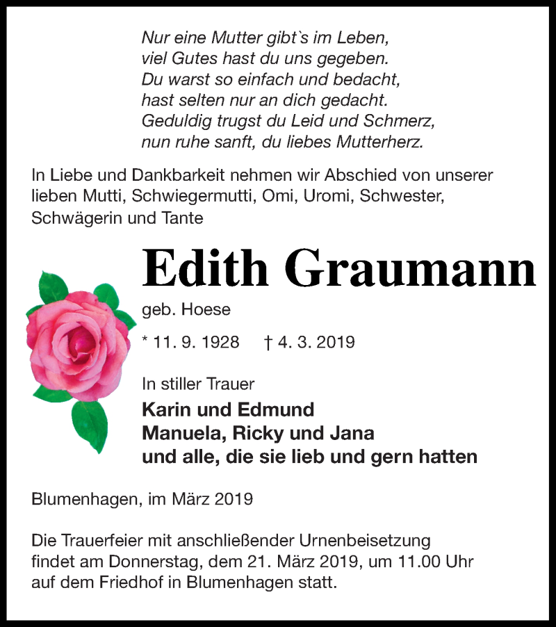  Traueranzeige für Edith Graumann vom 12.03.2019 aus Pasewalker Zeitung