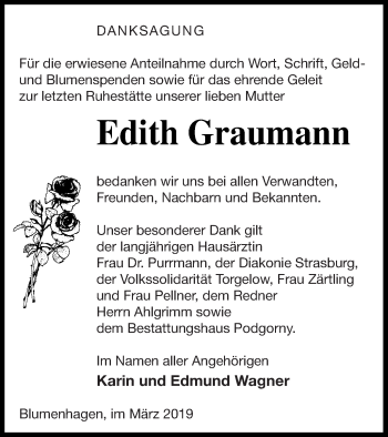 Traueranzeige von Edith Graumann von Pasewalker Zeitung