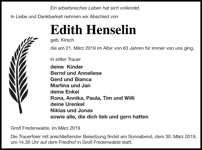  Traueranzeige für Edith Henselin vom 26.03.2019 aus Templiner Zeitung