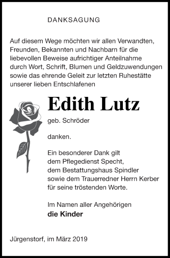 Traueranzeige von Edith Lutz von Mecklenburger Schweiz