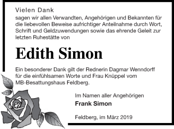 Traueranzeige von Edith Simon von Strelitzer Zeitung