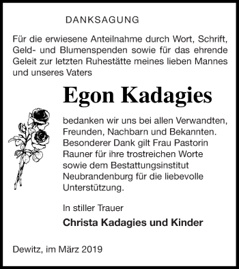 Traueranzeige von Egon Kadagies von Neubrandenburger Zeitung