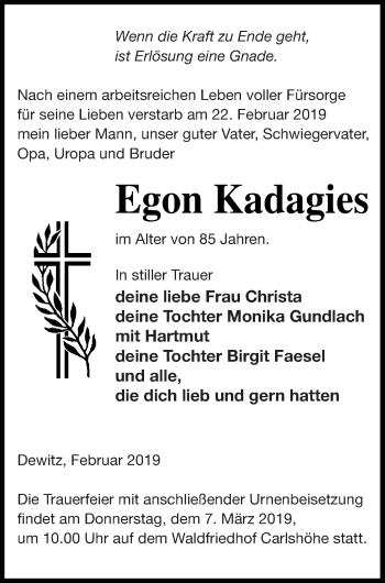 Traueranzeige von Egon Kadagies von Neubrandenburger Zeitung