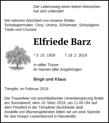 Traueranzeige von Elfriede Barz von Templiner Zeitung