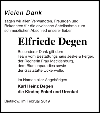 Traueranzeige von Elfriede Degen von Prenzlauer Zeitung