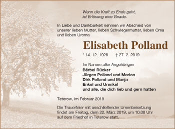 Traueranzeige von Elisabeth Polland von Mecklenburger Schweiz