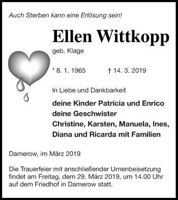 Traueranzeige von Ellen Wittkopp von Pasewalker Zeitung