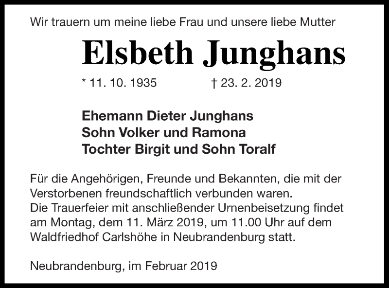 Traueranzeigen von Elsbeth Junghans Trauer Nordkurier