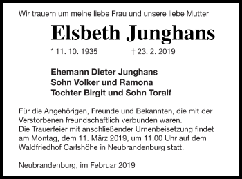 Traueranzeige von Elsbeth Junghans von Neubrandenburger Zeitung