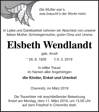 Traueranzeige von Elsbeth Wendlandt von Neubrandenburger Zeitung