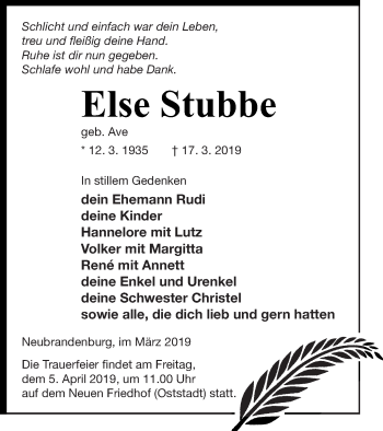 Traueranzeige von Else Stubbe von Neubrandenburger Zeitung