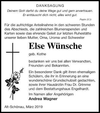 Traueranzeige von Else Wünsche von Müritz-Zeitung