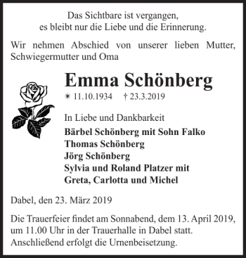 Traueranzeige von Emma Schönberg von Anzeiger für Sternberg - Brüel - Warin