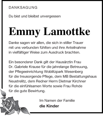 Traueranzeige von Emmy Lamottke von Strelitzer Zeitung