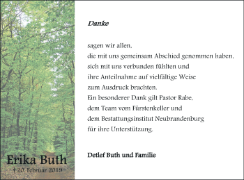 Traueranzeige von Erika Buth von Neubrandenburger Zeitung
