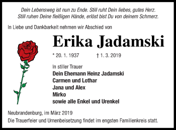 Traueranzeige von Erika Jadamski von Neubrandenburger Zeitung