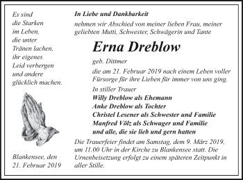 Traueranzeige von Erna Dreblow von Pasewalker Zeitung