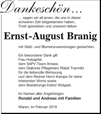Traueranzeige von Ernst-August Branig von Müritz-Zeitung