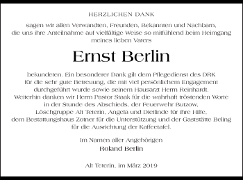 Traueranzeige von Ernst Berlin von Vorpommern Kurier