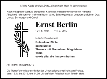 Traueranzeige von Ernst Berlin von Vorpommern Kurier