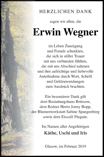 Traueranzeige von Erwin Wegner von Pasewalker Zeitung