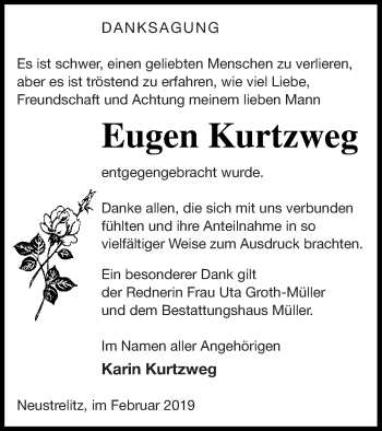 Traueranzeige von Eugen Kurtzweg von Strelitzer Zeitung