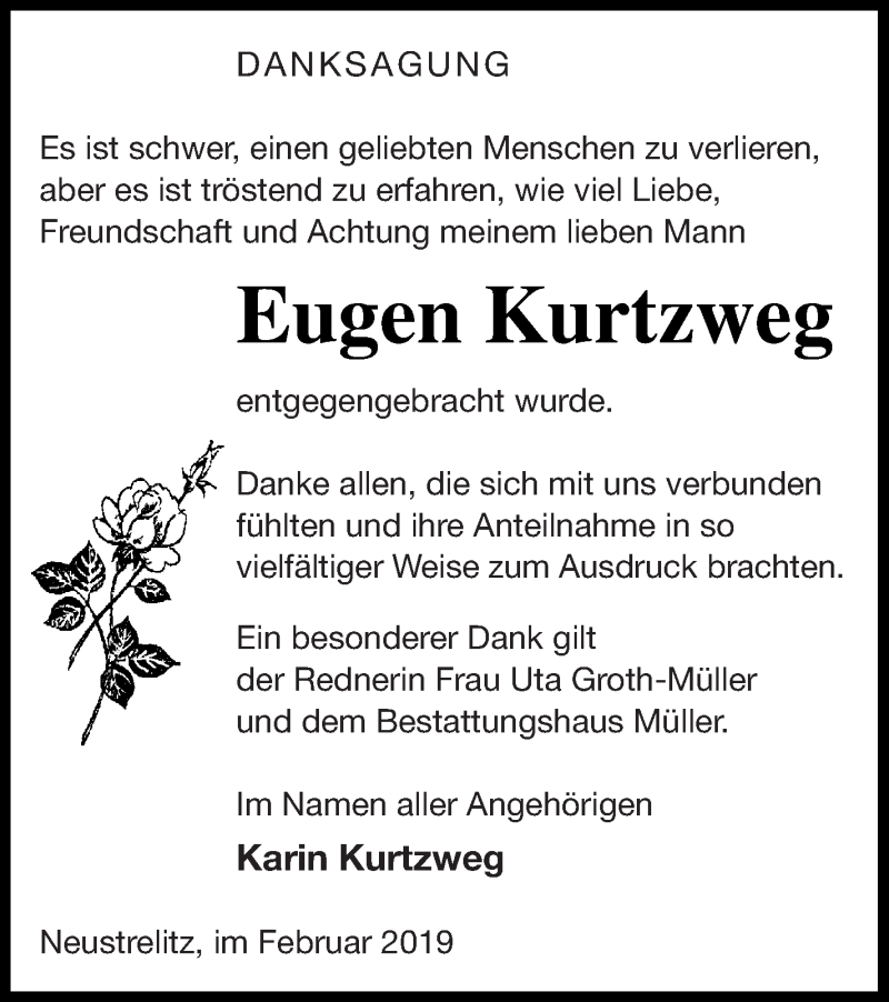 Traueranzeige für Eugen Kurtzweg vom 01.03.2019 aus Strelitzer Zeitung