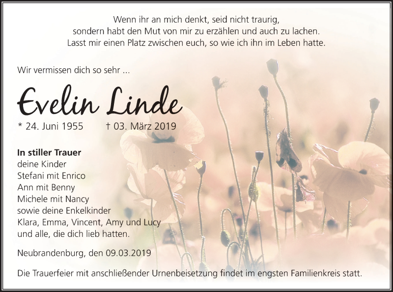  Traueranzeige für Evelin Linde vom 09.03.2019 aus Neubrandenburger Zeitung